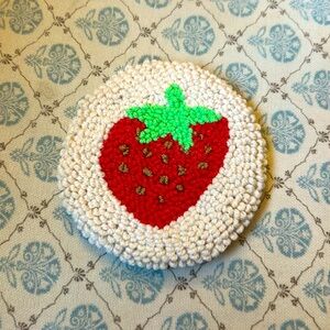 Punch needle mug rug coaster strawberry design